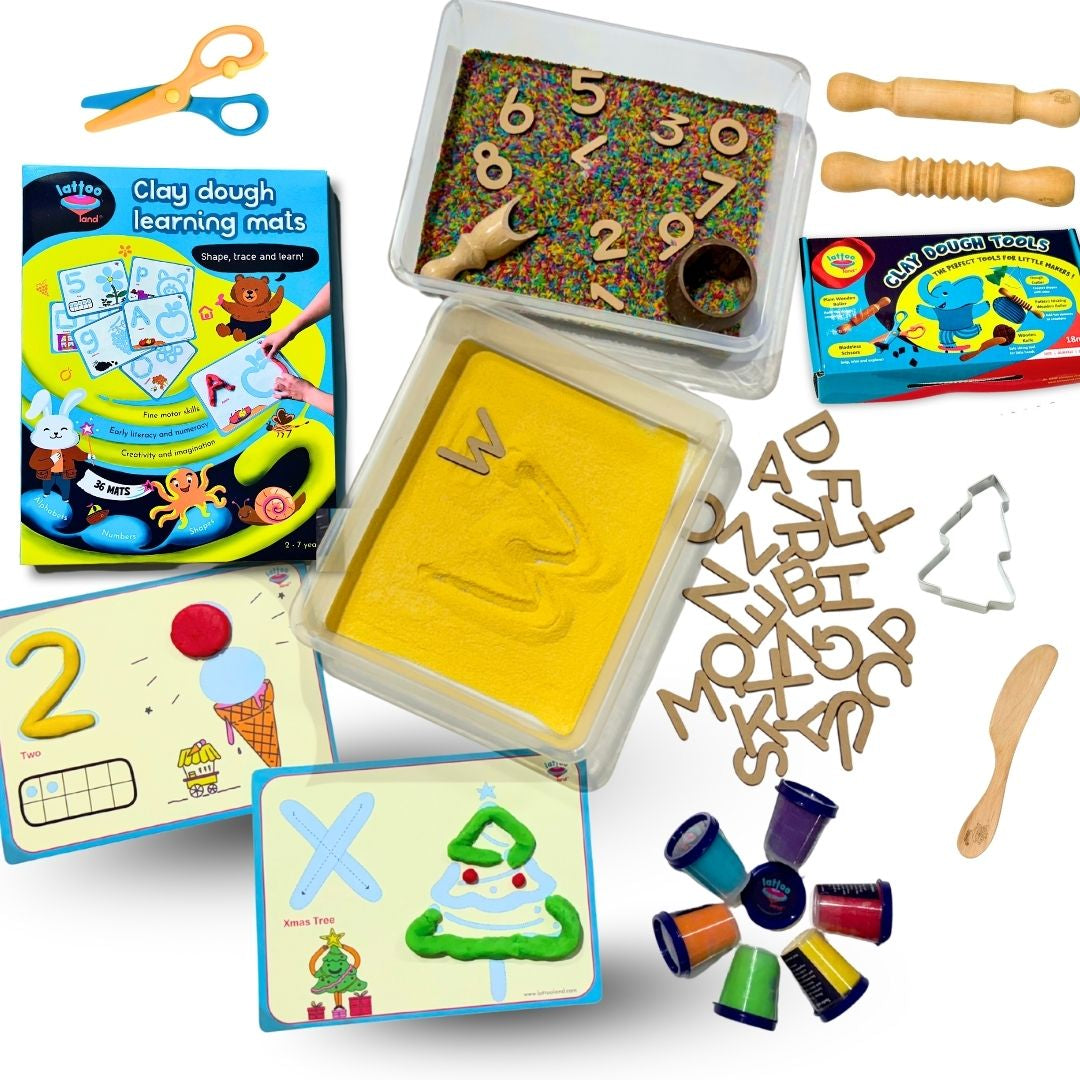 Complete writing toys for kids with Clay dough learning set with mats, letters, numbers, and playdough tools, colored rice tracing powder