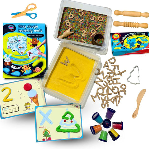 Complete writing toys for kids with Clay dough learning set with mats, letters, numbers, and playdough tools, colored rice tracing powder