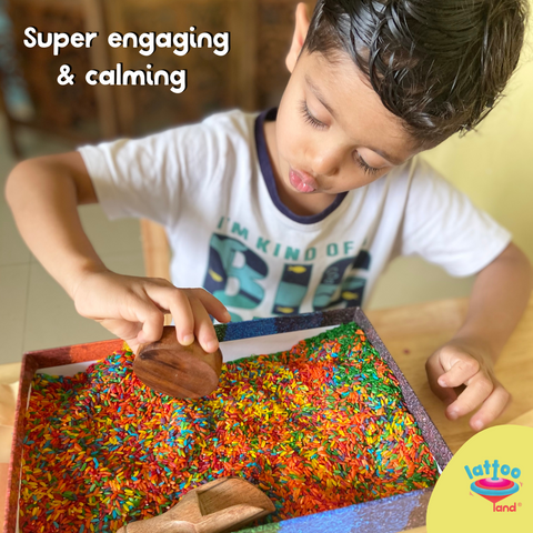 Fun rainbow-making activity using colorful rice, encouraging creativity, problem-solving, Super engaging and calming and sensory exploration