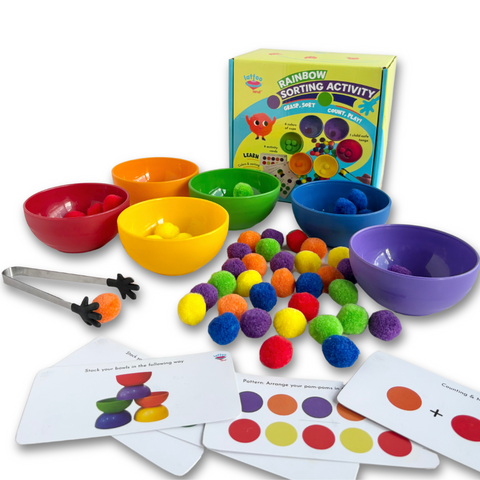 Rainbow Sorting Activity Set | Tong, Cups, Pompoms | Grasp, Sort, Count, Play