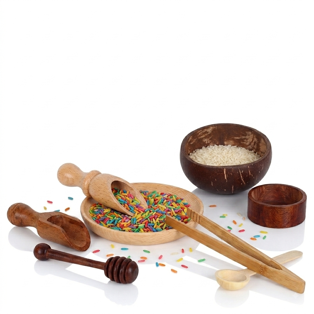 A set of natural wooden sensory tools set including coconut shell kitchen utensils, a wooden spoon, scoop, honey dipper, tongs, and bowls, arranged on a white reflective surface with colorful sprinkles and white rice for kids