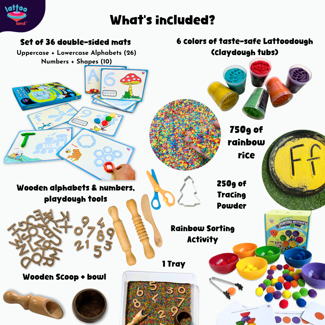 complete writing skills Educational materials including double-sided mats, clay dough, playdough tools, and other educational items on a white background.