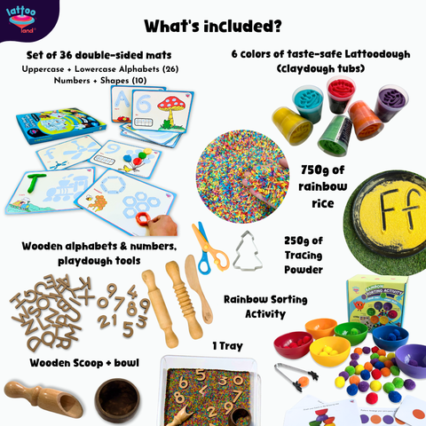 complete writing skills Educational materials including double-sided mats, clay dough, playdough tools, and other educational items on a white background.