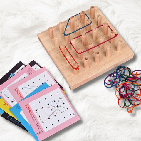 Lattoo Wooden Geoboard with Bands and Prompt Cards | Educational Toy | Brain Board