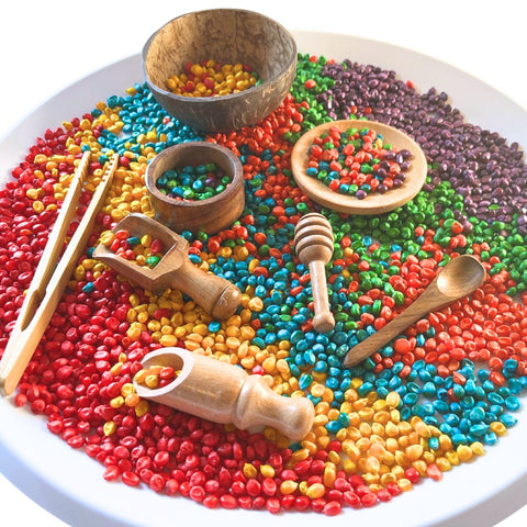 Wooden Sensory Bin Tools set, featuring child-safe wooden scoops, tongs, and containers. Perfect for sensory play, fine motor skill development, and hands-on exploration for toddlers and kids