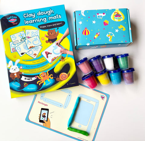 Alphabet flashcards paired with corresponding playdough shapes for letter learning.