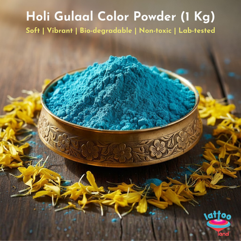 Vibrant blue Holi color (gulal) powder, finely textured and loosely scattered, symbolizing festive joy and celebration.