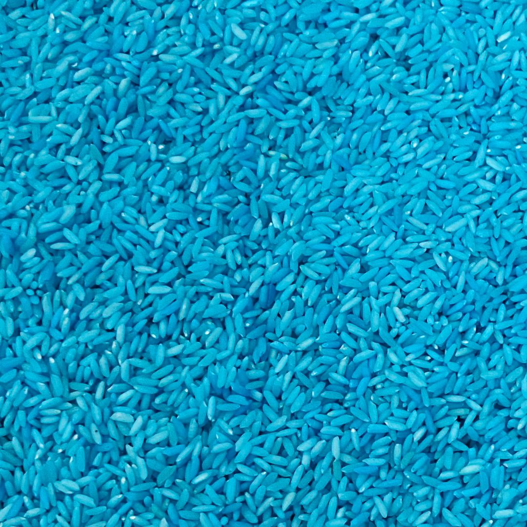 Refillable sensory blue color rice materials for kids' sensory bins, providing endless creative and educational fun.
