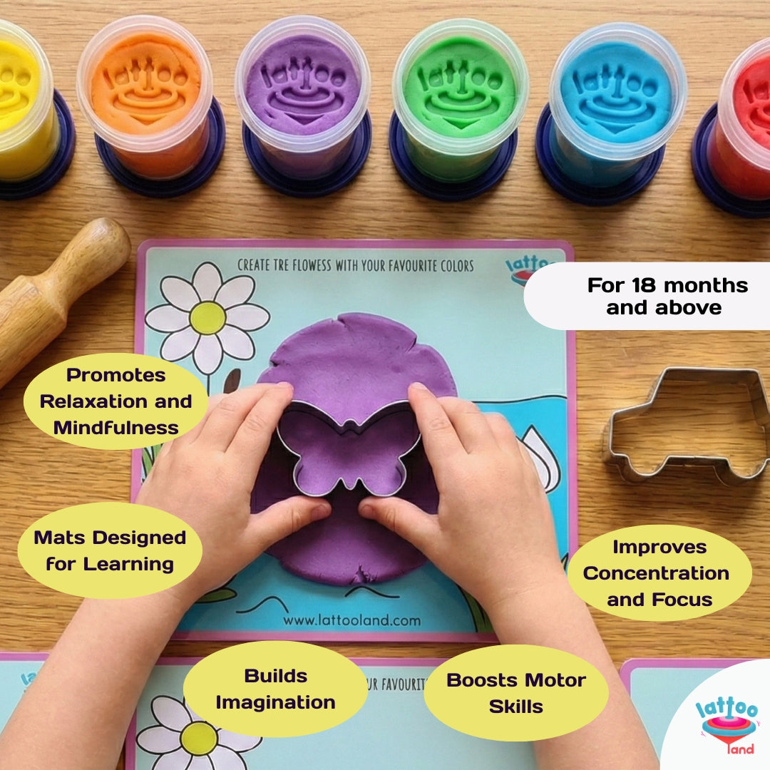 Child playing with play dough and tools to shape and cut.