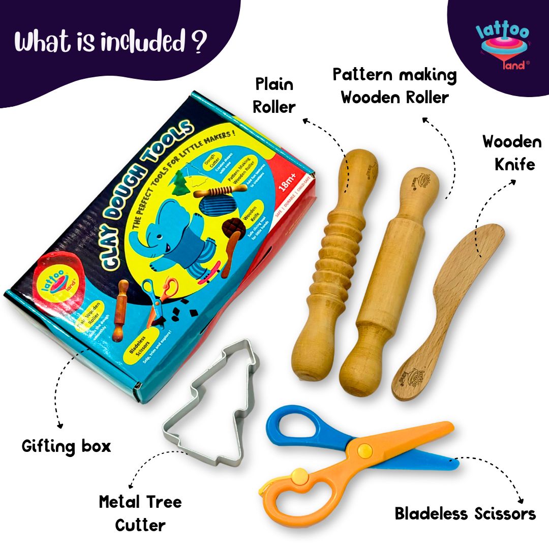 Creative dough tools for children, featuring wooden accessories and Montessori-friendly play dough accessories. play dough accessories with clay rolling pin, child scissors, cutter, child knife