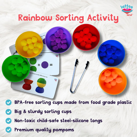 Color recognition toys for kids with colorful bowls and pom poms for sorting and counting