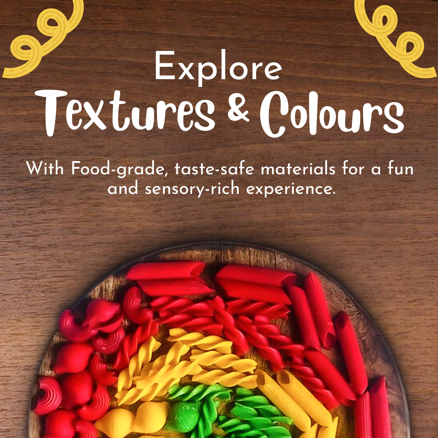 Colorful sensory pasta for toddlers featuring 4 vibrant colors and 4 unique pasta patterns