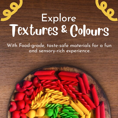 Colorful sensory pasta for toddlers featuring 4 vibrant colors and 4 unique pasta patterns