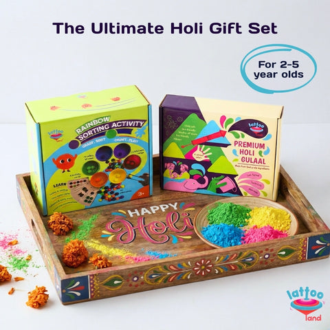 Combo Holi gift hamper for kids with child-safe Holi colors and fun play items