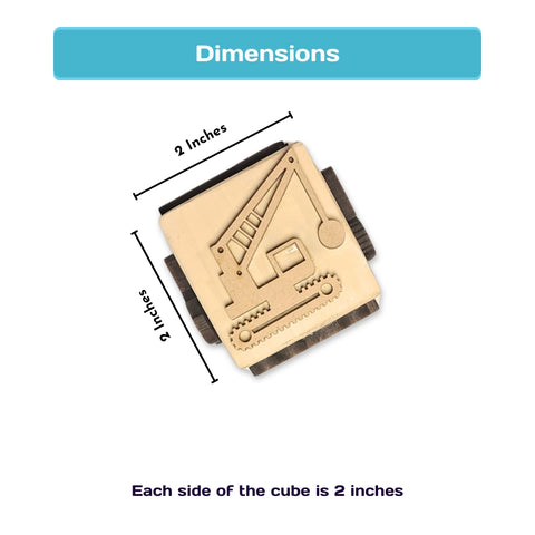 Educational wooden stamp dice featuring construction vehicles for creative play.