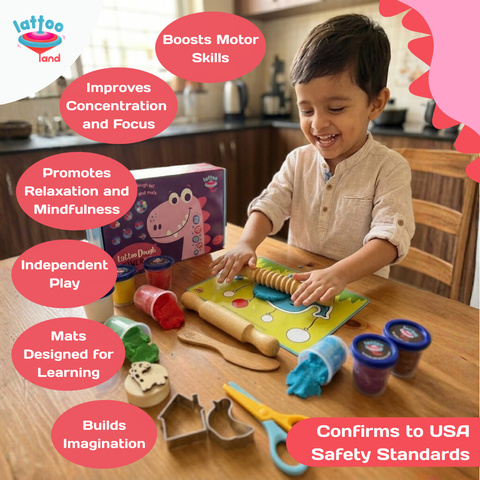 Child playing with play dough and tools on a table, with text highlighting benefits of the activity. Dough tools accessories for kids including rollers, cutters, and molds