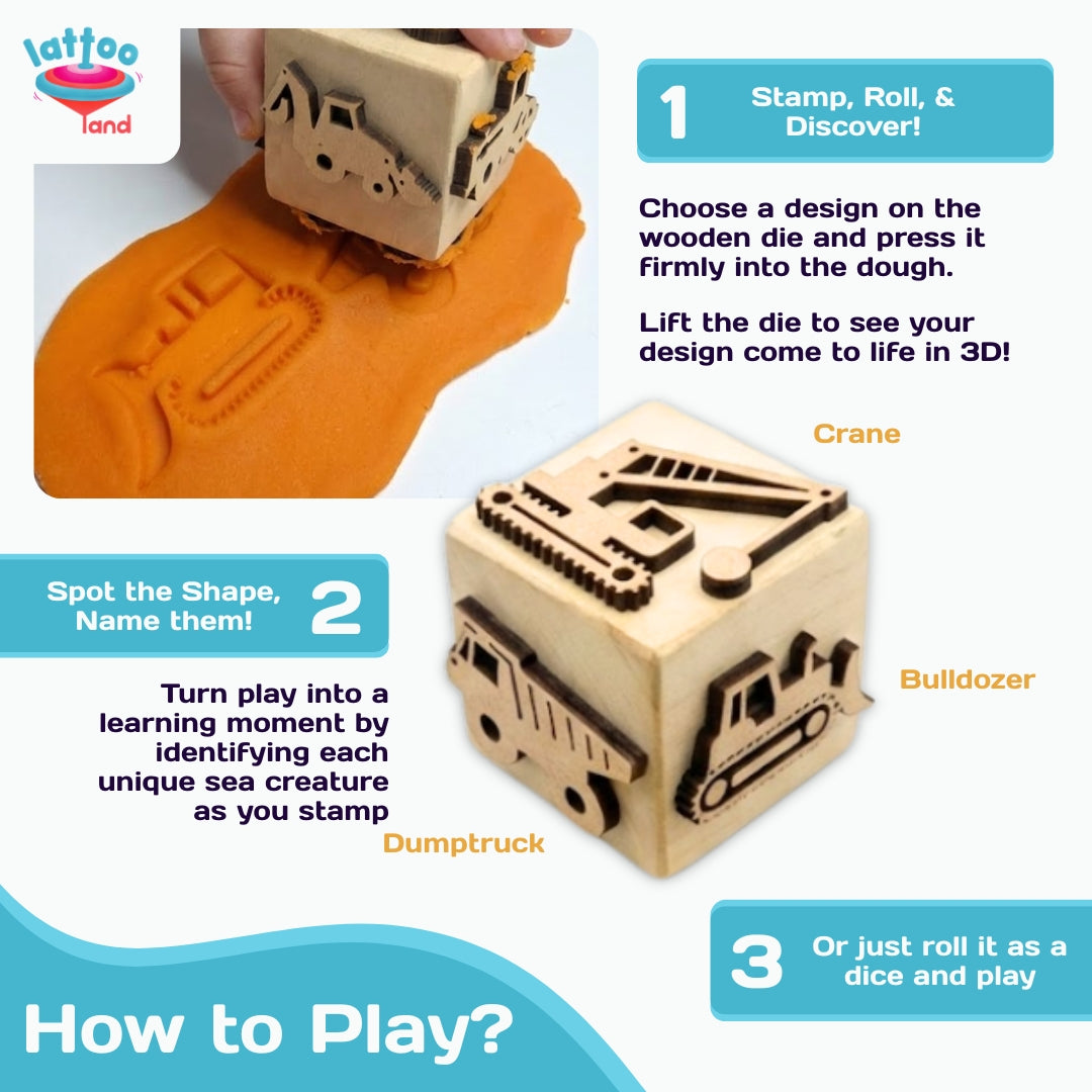 Construction vehicle stamp dice as an educational toy to improve motor skills.