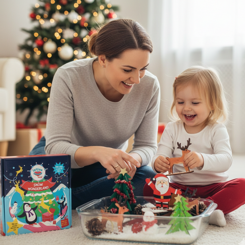 Woman and child playing with Christmas-themed toys in a living room. Child opening a Christmas surprise gift with joy under the Christmas tree.