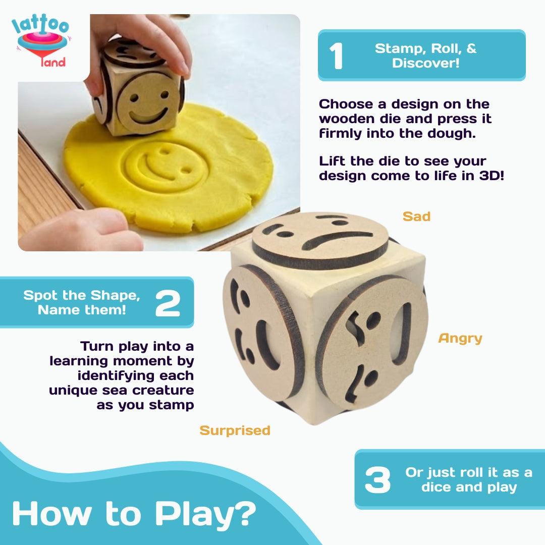 Wooden emotion dice stamping in colorful play dough for sensory fun.