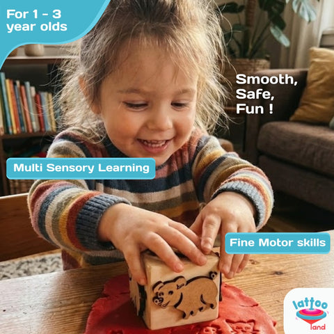 Child using farm animal wooden stamp dice for creative play on play dough
