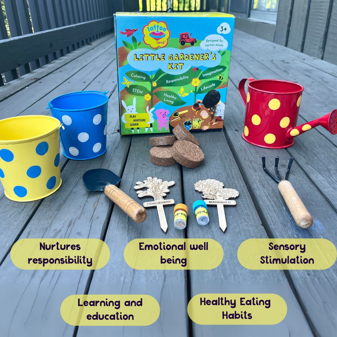 Gardening gift kit for children featuring colorful pots, gardening tools, and plant-growing activities.