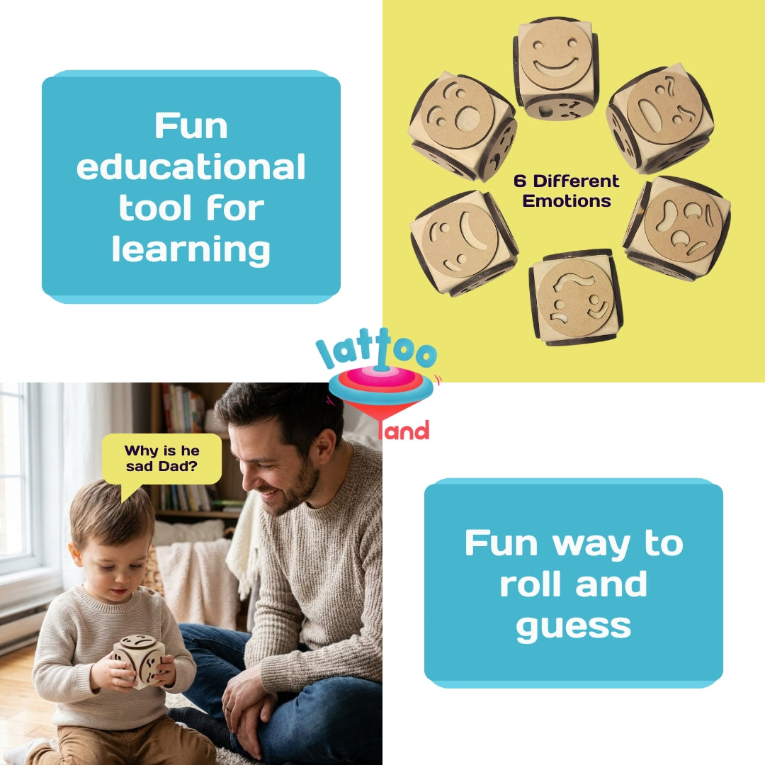 Close view of hands using wooden emotions stamp dice for learning