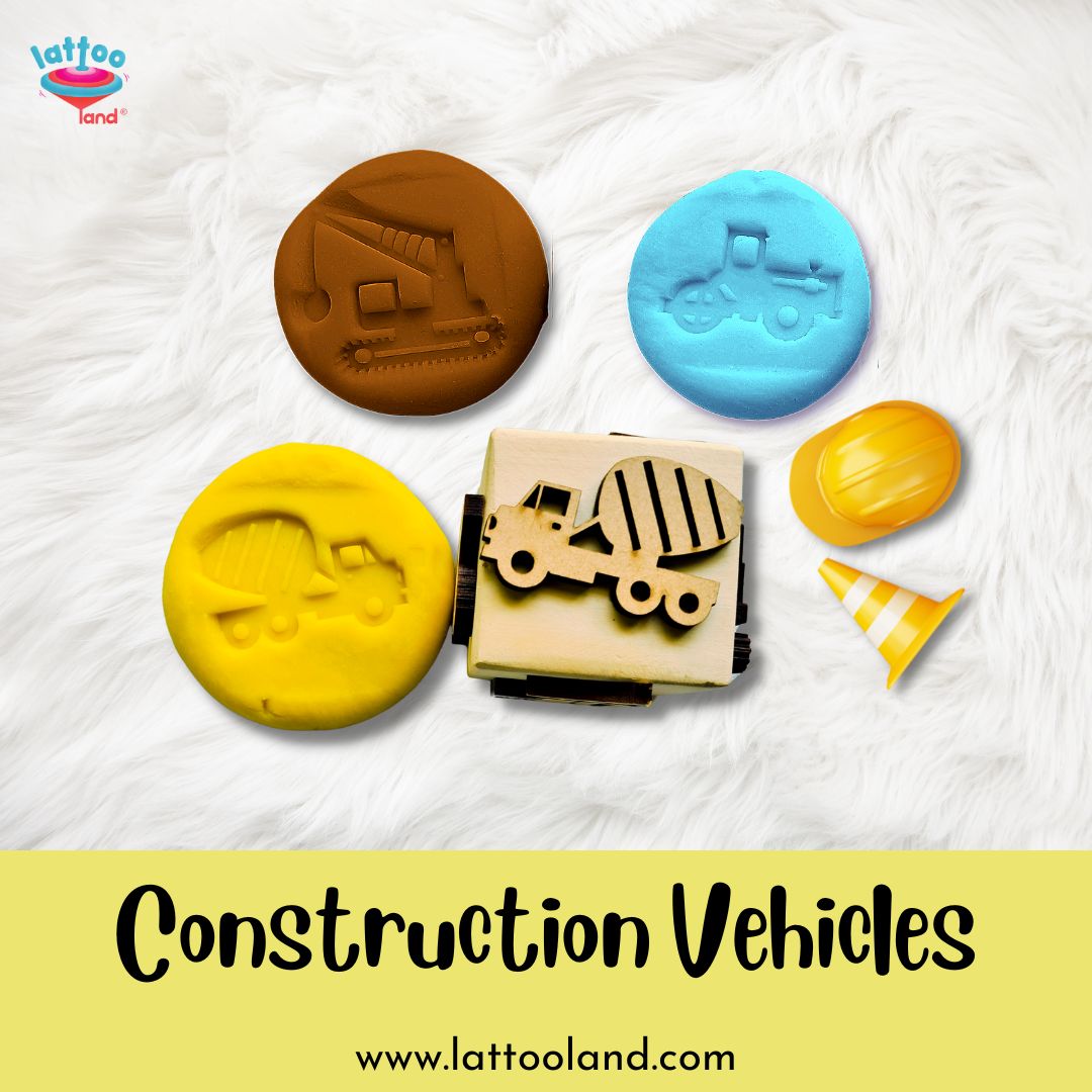 Hands-on learning activity with wooden construction vehicle stamp dice for children.