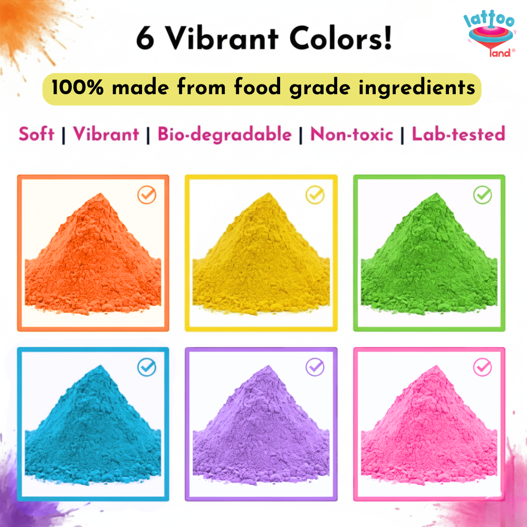 Close-up of natural herbal holi gulal colours in bright festive shades for safe family Holi play.