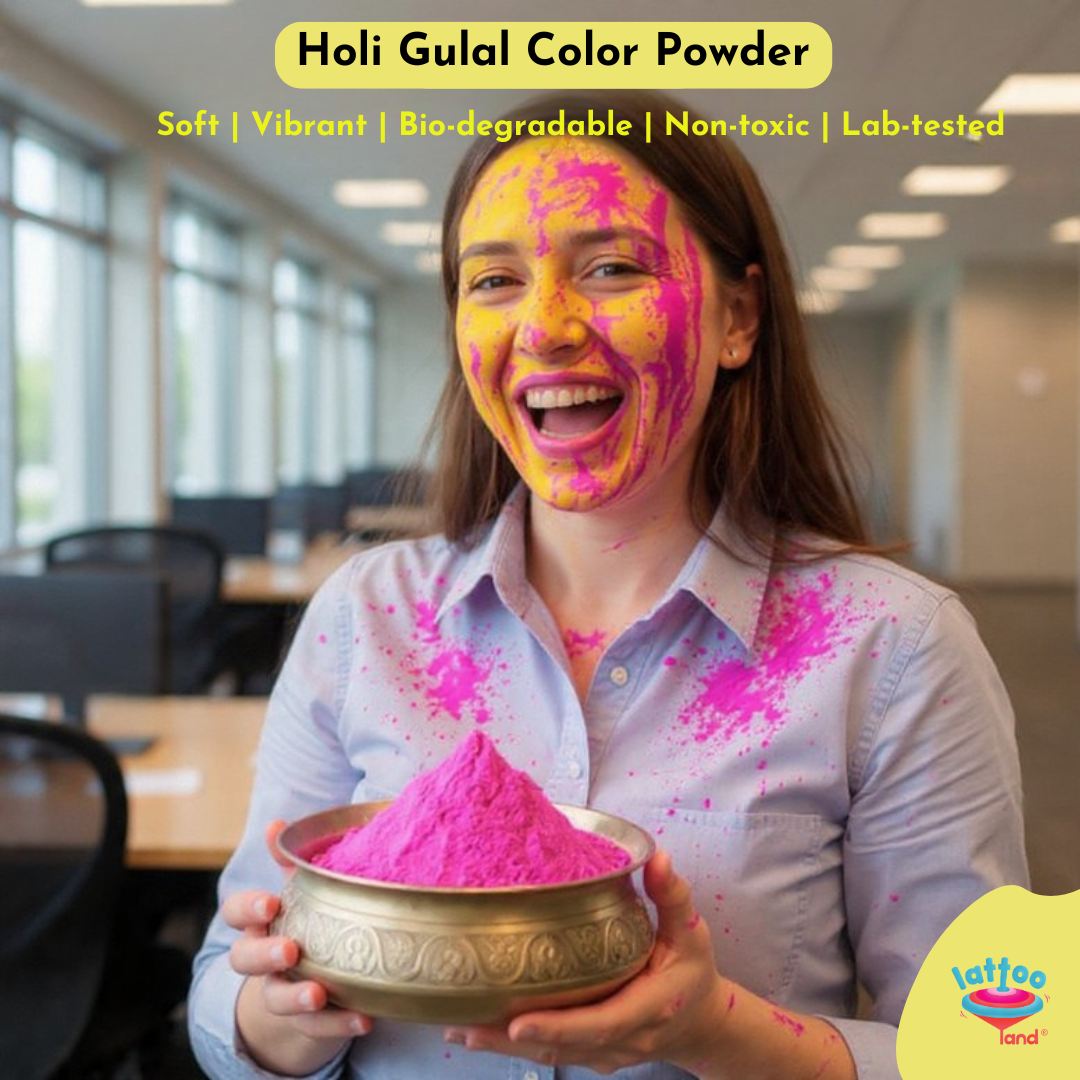 Safe Holi colors for corporate office celebration with team members enjoying a festive workplace event
