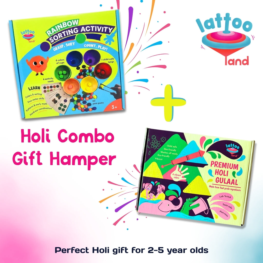 Holi gift hamper for toddlers and preschoolers with safe colors and toys