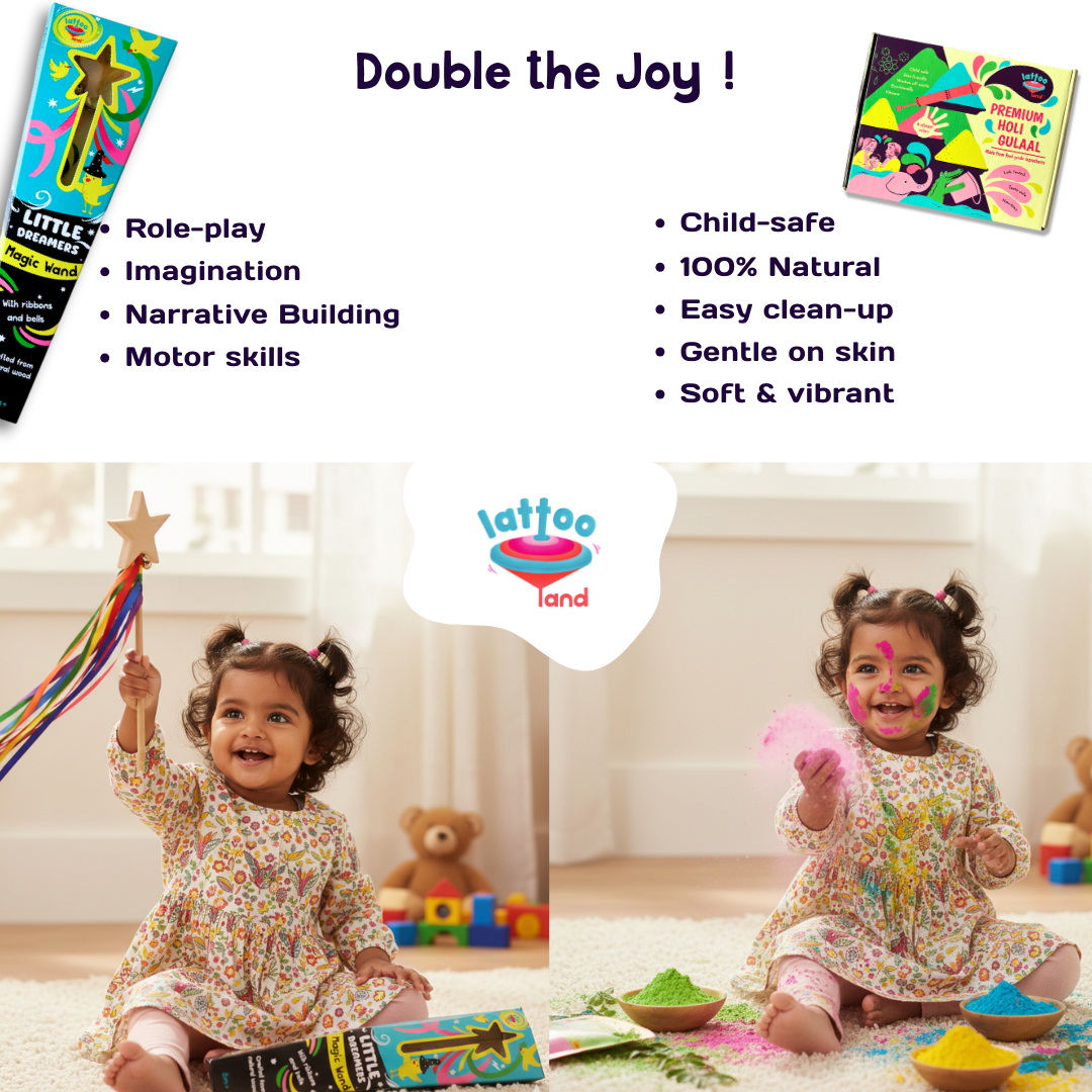Two children playing with colorful toys and products, with text highlighting benefits like role-play and child-safety.