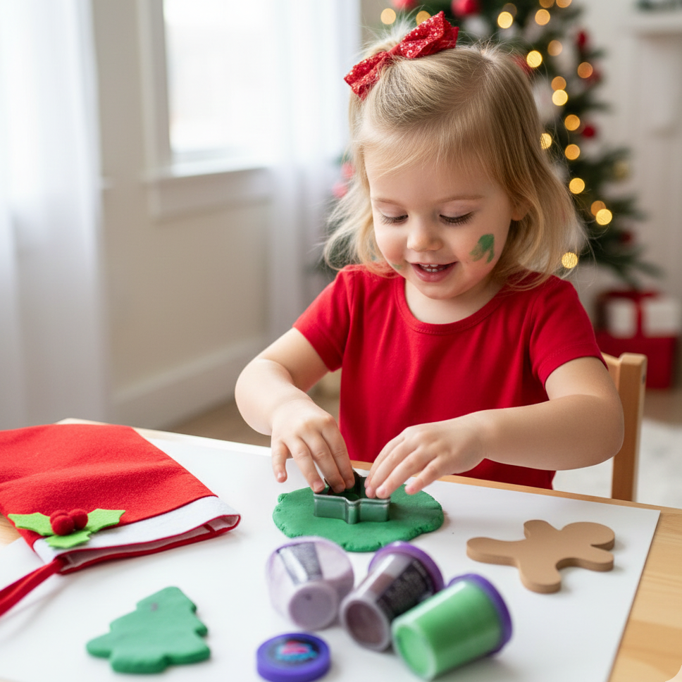 Child playing with play dough and cookie cutters in a festive setting with a Christmas tree in the background.