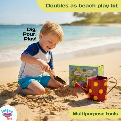 Kids beach sand and garden play tools set for digging, scooping, and outdoor sensory play activities.