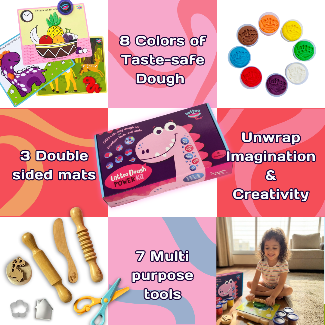 Creative dough kit for children, made with organic, non-toxic materials and wooden tools for safe play .Kids creative dough tools set to boost imagination and skill development