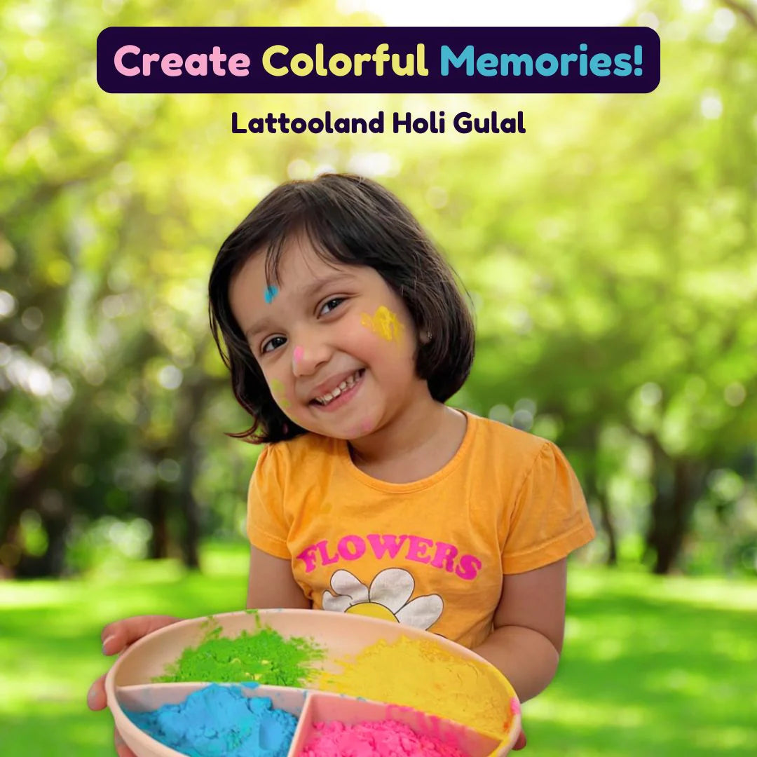 Kids playing with safe, non-toxic Holi colors from Lattooland hamper