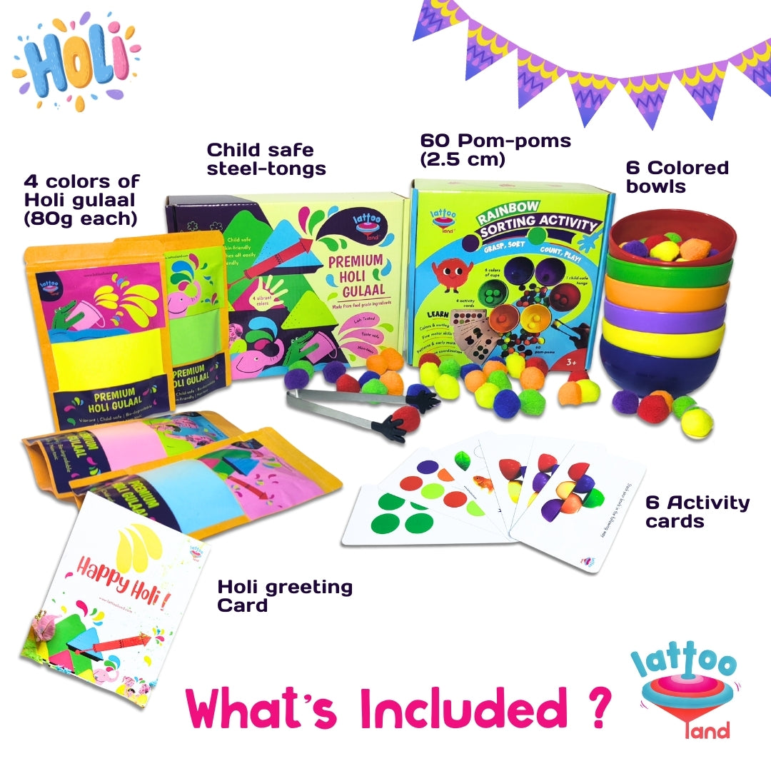 Kids Holi gift hamper featuring color sorting and stacking toys for learning
