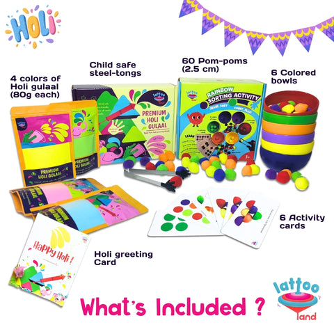 Kids Holi gift hamper featuring color sorting and stacking toys for learning