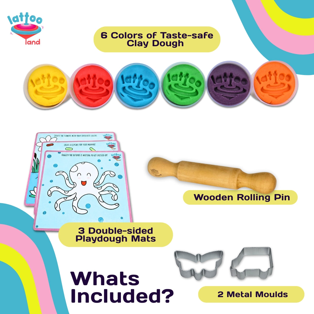 Kids play dough kit with tools including rolling pins and cutters.
