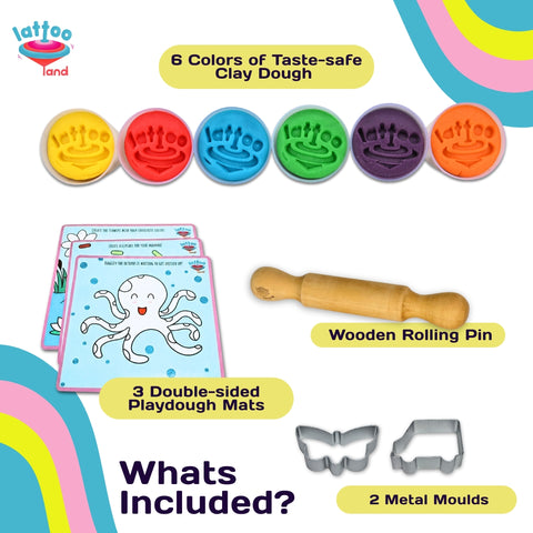 Kids play dough kit with tools including rolling pins and cutters.