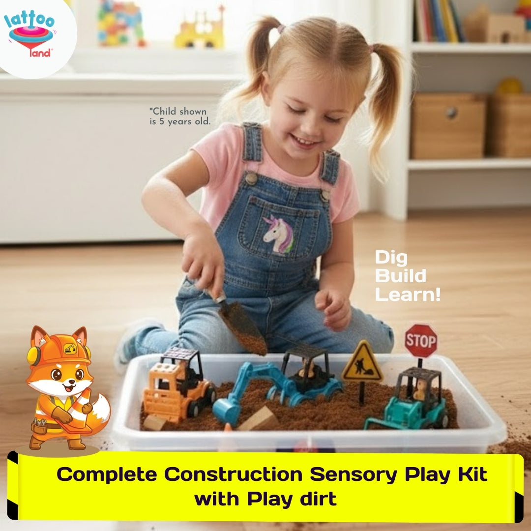 Kids playing sensory bin construction play with dirt and sand