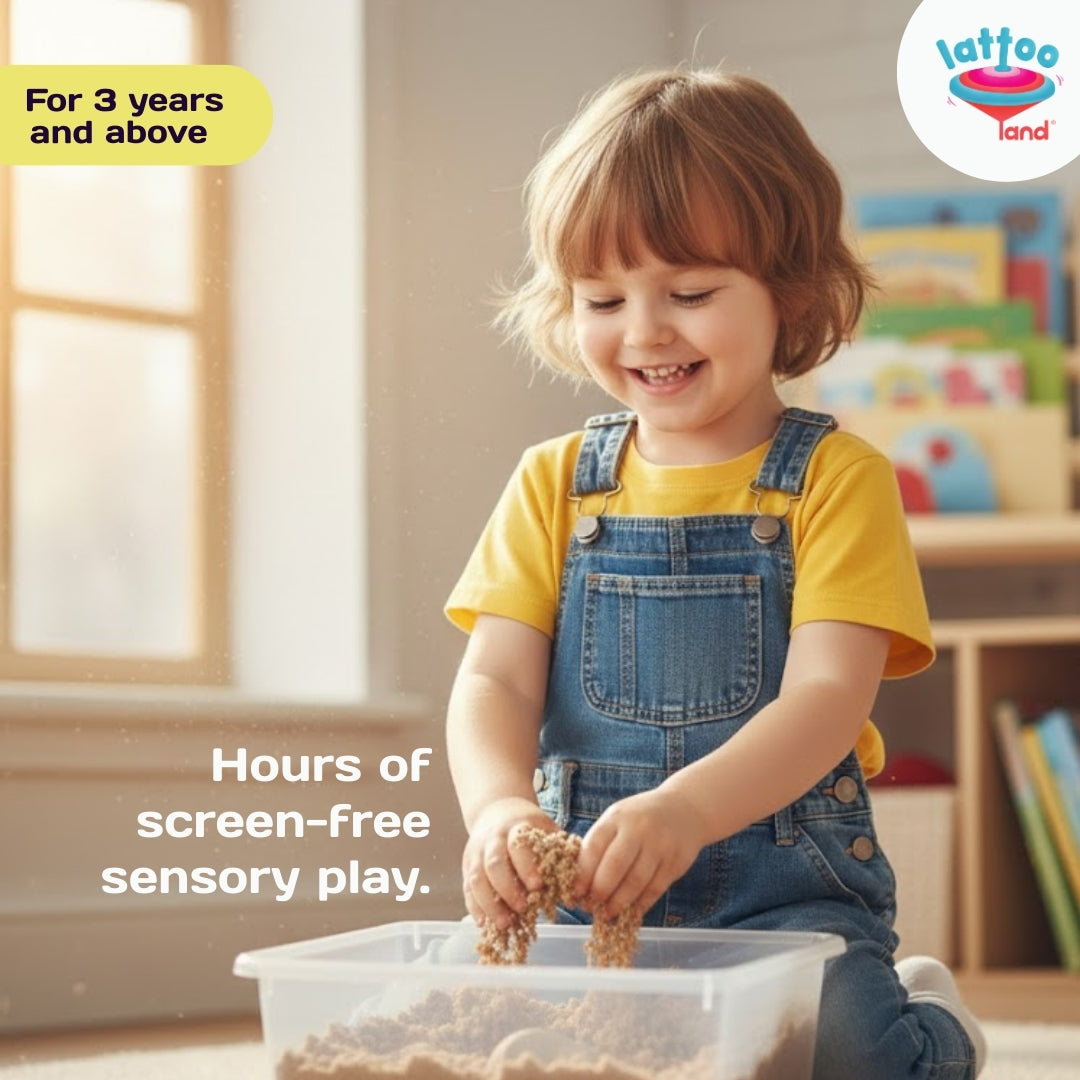 Kids playing with brown kinetic sand creative sensory toy