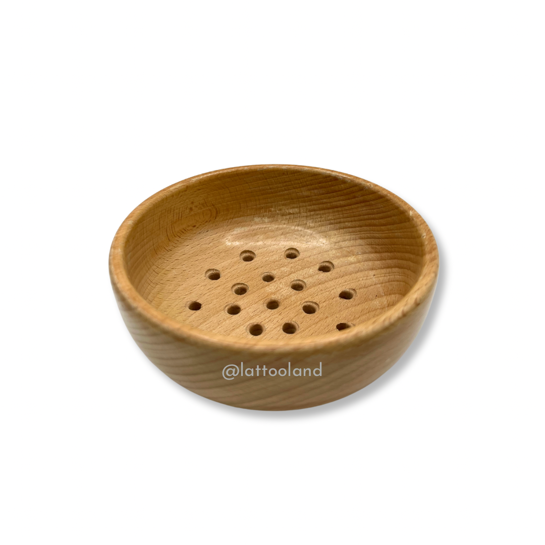 Durable wooden sensory sieve toy for children to develop sorting skills and coordination.