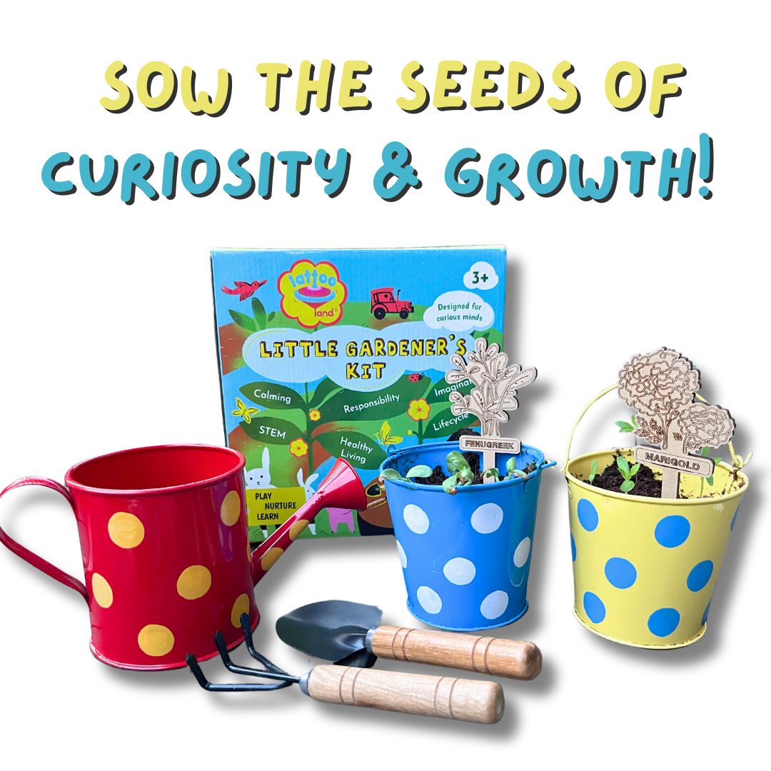 Little Gardener's Kit for Kids with watering can, gardening tools, flower pots, and seed planting activities for outdoor learning and nature exploration.