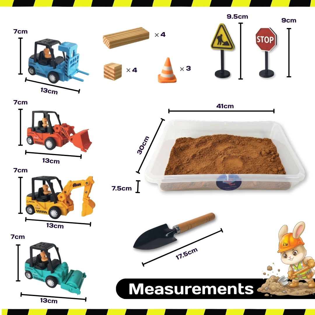 Measurement activity with sensory bin dirt sand construction toy featuring toy construction vehicles, sand tray, and play accessories for educational sensory play