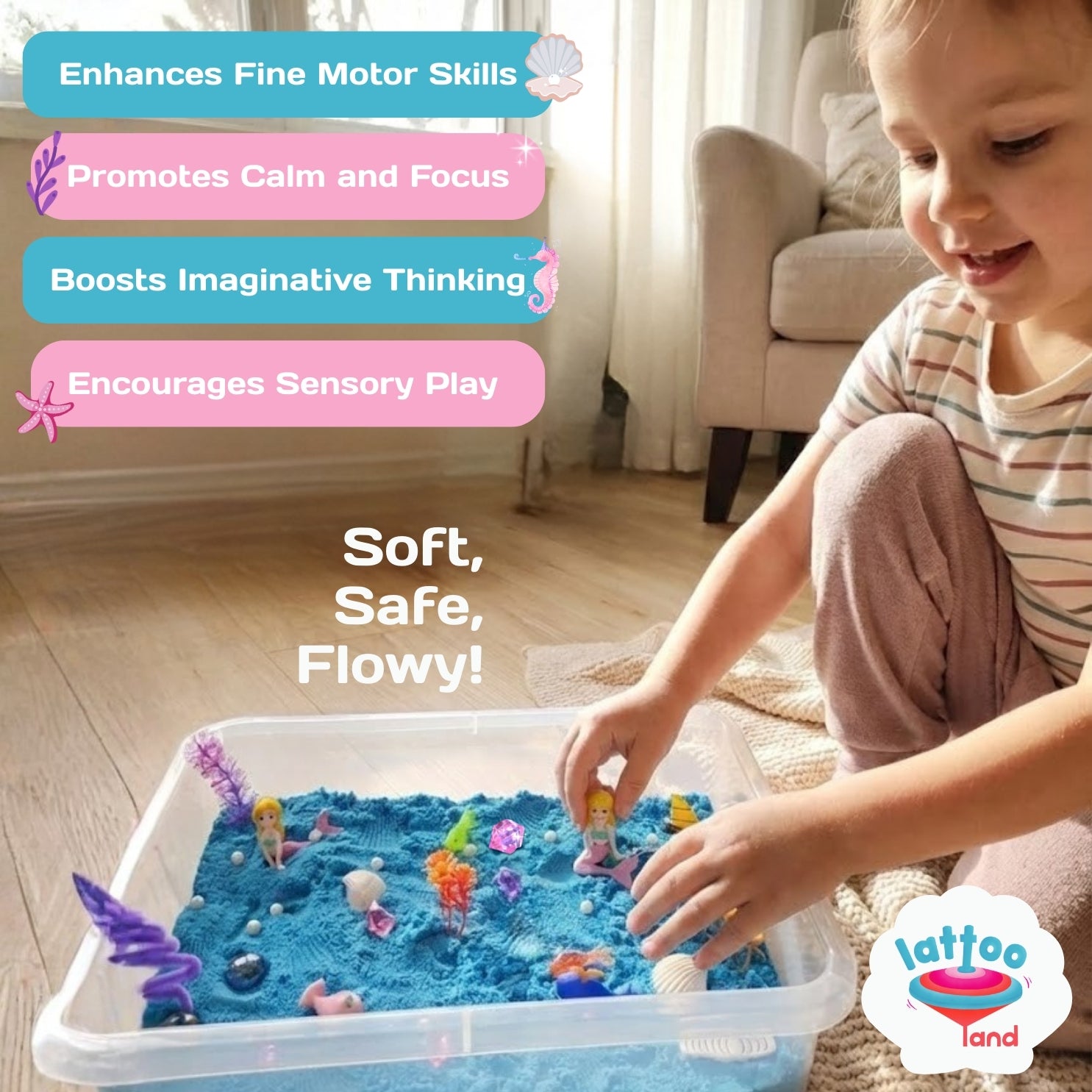 Preschool ocean sensory activity with mermaid toys and sand