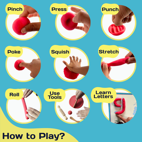 Educational play dough learning guide for toddlers featuring sensory play actions like pinch, press, punch, squish, stretch, roll, and letter creation.