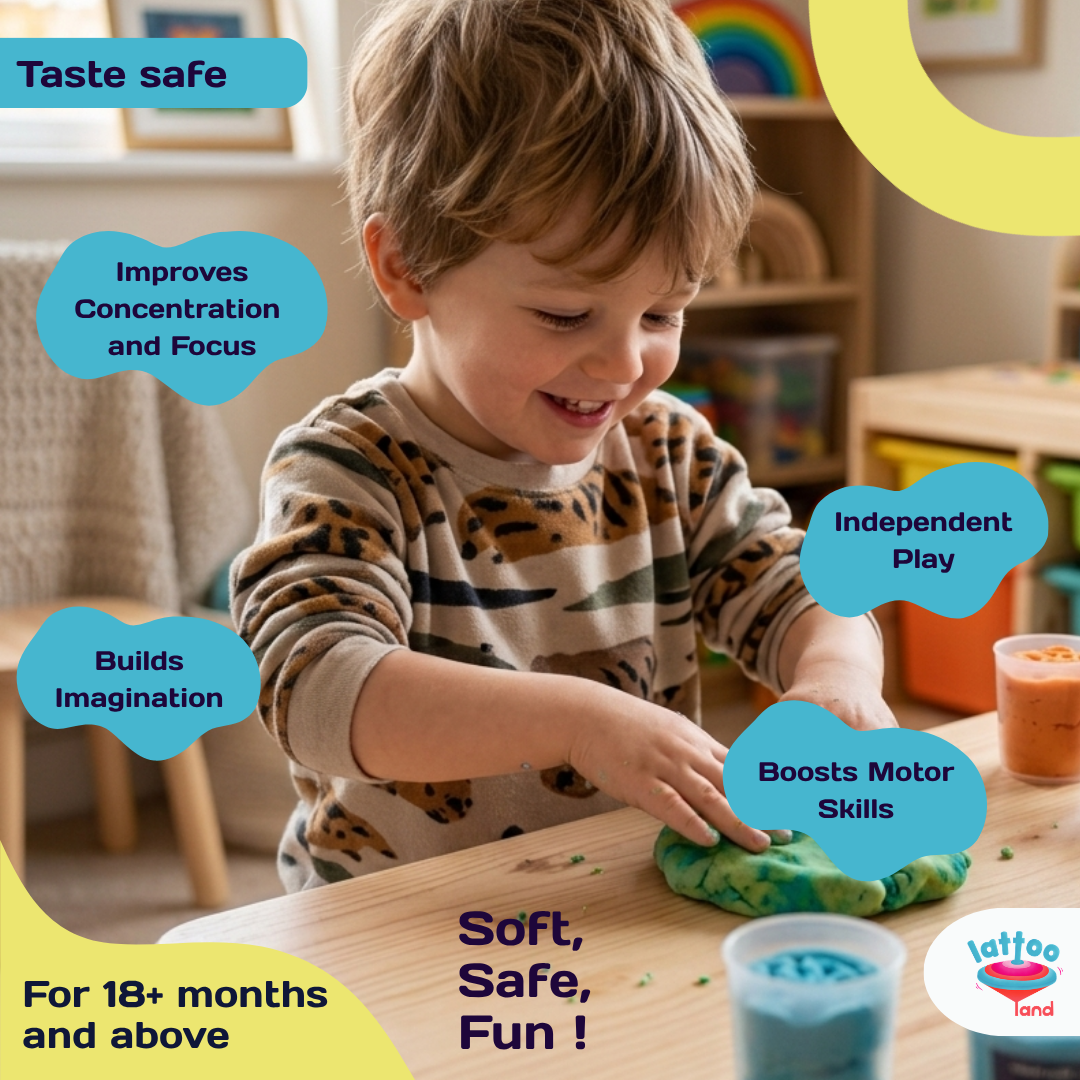 A colorful clay dough set for kids, ideal for imaginative play, sensory activities, and creative crafts.6 different bright colored Lattoodough with tubs
