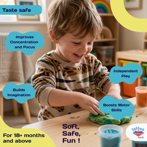 A colorful clay dough set for kids, ideal for imaginative play, sensory activities, and creative crafts.6 different bright colored Lattoodough with tubs