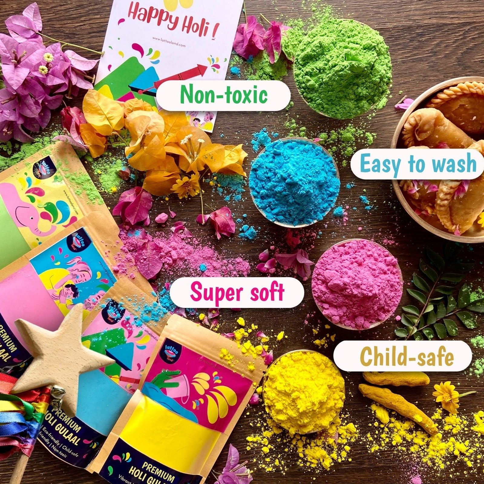 Natural skin-safe Holi gulaal colors in vibrant yellow, green, pink and blue
