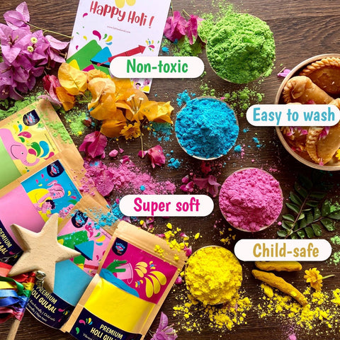 Natural skin-safe Holi gulaal colors in vibrant yellow, green, pink and blue